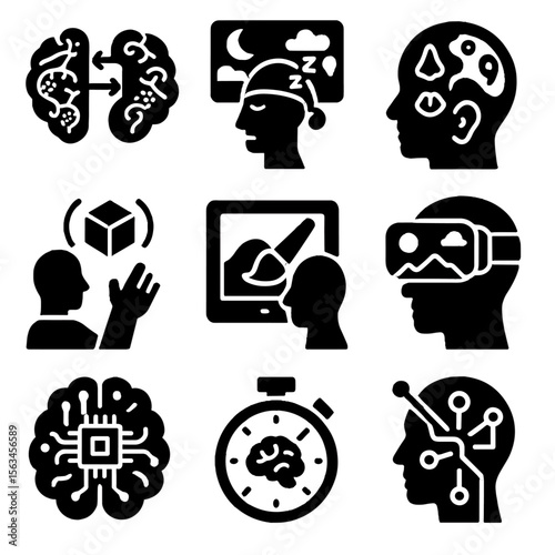Futuristic Application Icons. Solid style icons of experimental future applications: brain-to-brain interface, simulated dream
