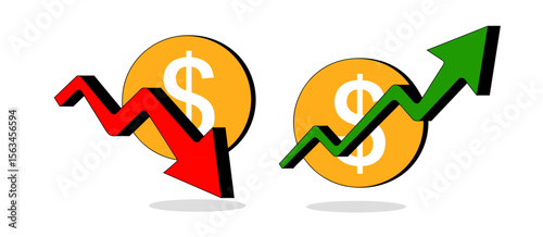 Stock market volatility concept: Rising and falling prices with dollar coins and arrows.