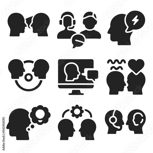 Telepathic Icon Designs. Solid style icons of telepathy simulation systems: thought transfer beam, avatar-to-avatar communication,