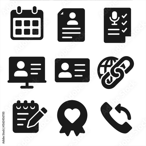 Guest Management Icons. Solid style icons of guest management tools: booking calendar icon, guest welcome form, episode