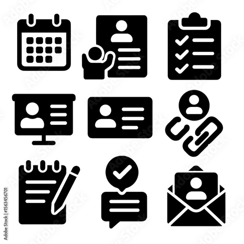 Guest Management Icons. Solid style icons of guest management tools: booking calendar icon, guest welcome form, episode