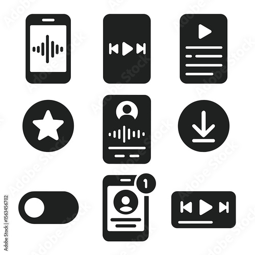 Mobile Podcast Icons. Solid style icons of mobile podcast apps: phone with waveform icon, playback controls screen, podcast queue