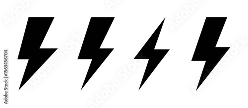 Four lightning bolt icons, energy power symbol, thunder electricity strike design elements