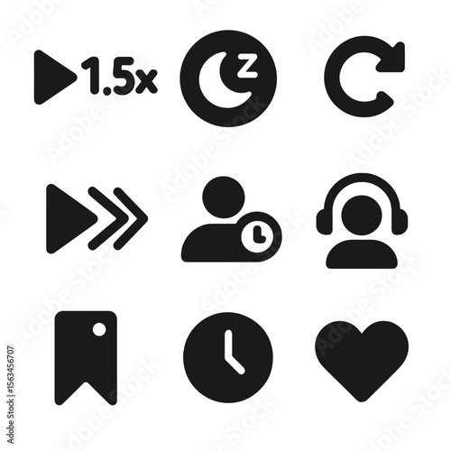 Audio Feature Icons. Solid style icons of user listening features: playback speed icon, sleep timer badge, clip rewind symbol,