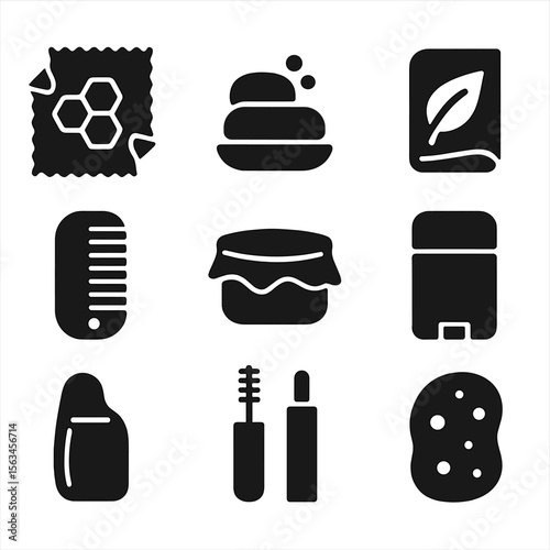 Plastic-Free Shopping Icons. Solid style icons of plastic-free shopping swaps: beeswax wrap icon, shampoo bar symbol, solid dish