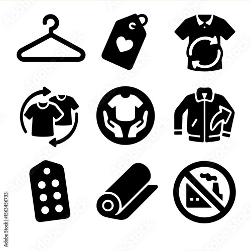 Conscious Fashion Icons. Solid style icons of conscious fashion choices: slow fashion hanger, ethical clothing label, secondhand