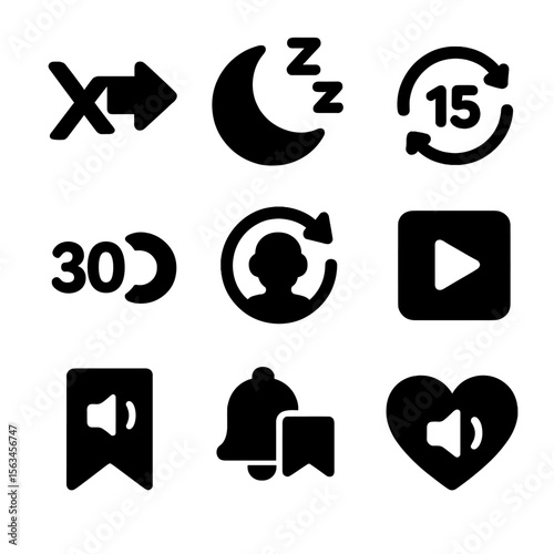 Audio Feature Icons. Solid style icons of user listening features: playback speed icon, sleep timer badge, clip rewind symbol,