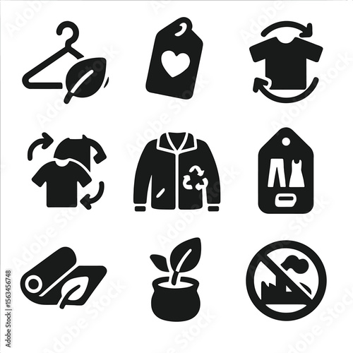 Conscious Fashion Icons. Solid style icons of conscious fashion choices: slow fashion hanger, ethical clothing label, secondhand