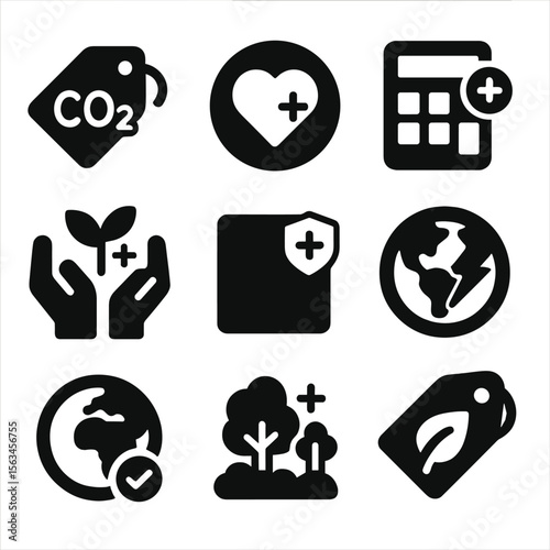 Climate-Friendly Icons. Solid style icons of climate-positive consumption: carbon positive product tag, climate contribution badge
