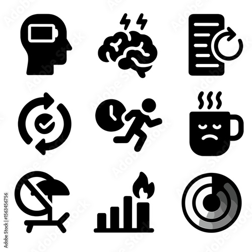 Productivity Exhaustion Icons. Solid style icons of productivity exhaustion: empty battery head, overworked brain icon,