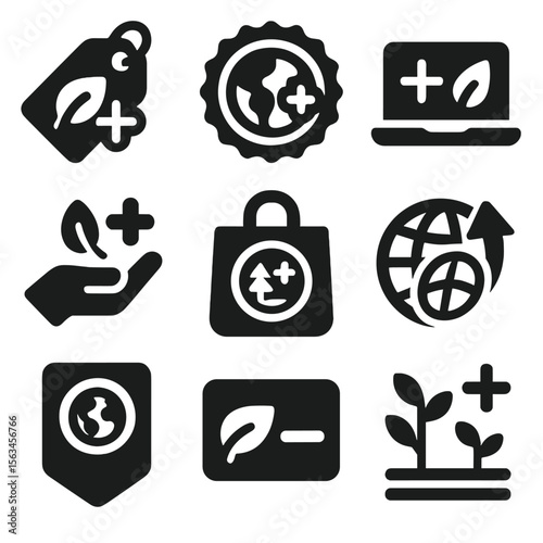 Climate-Friendly Icons. Solid style icons of climate-positive consumption: carbon positive product tag, climate contribution badge