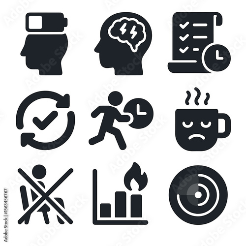 Productivity Exhaustion Icons. Solid style icons of productivity exhaustion: empty battery head, overworked brain icon,