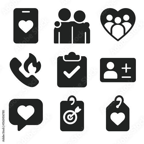 Digital Wellbeing Icons. Solid style icons of digital wellbeing support systems: supportive app icon, accountability buddy badge,
