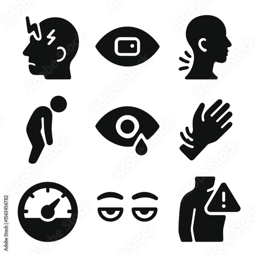 Overload Effect Icons. Solid style icons of physical effects of overload: aching head symbol, blue light eye icon, tight neck