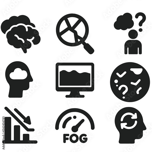 Mental Fog Icons. Solid style icons of signs of mental fog: cloudy brain icon, fragmented focus lens, low clarity screen, “what
