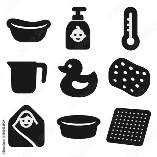 Baby Bath Essentials. Solid vector icons of baby bath time: baby tub, baby shampoo, bath thermometer, rinse cup, bath toy, sponge,