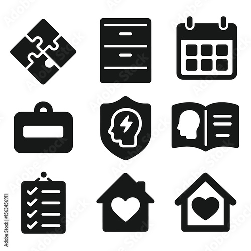 Memory Care Essentials. Solid vector icons of cognitive support and memory care: memory puzzle icon, labeled cabinet, calendar on