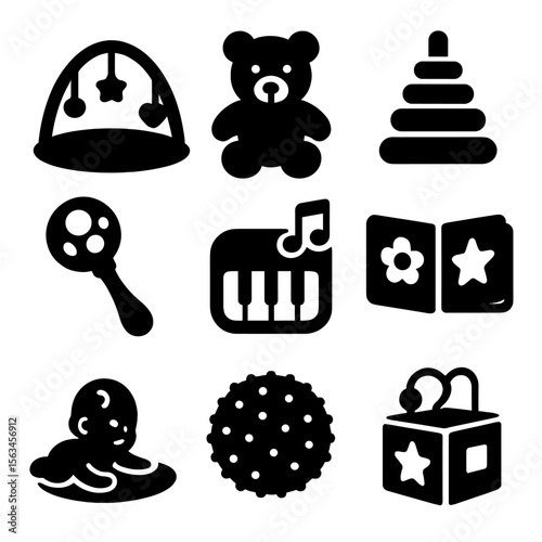 Playtime Essentials Icons. Solid vector icons of playtime essentials: baby gym, plush toy, stacking rings, rattle, musical toy,