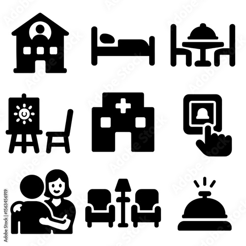 Assisted Living Icons. Solid vector icons of assisted living facilities: care home building, senior room bed, dining hall icon,
