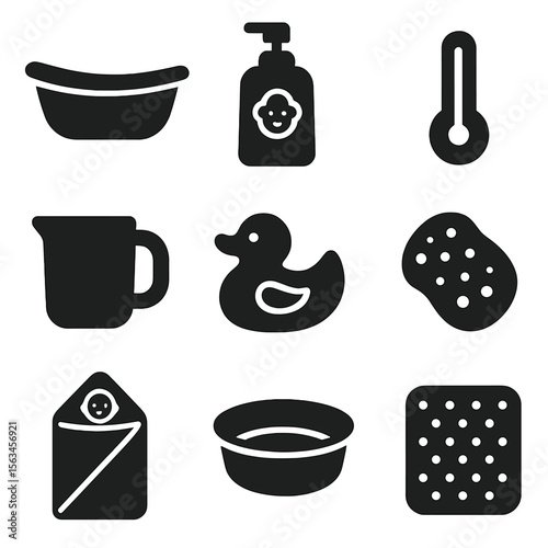 Baby Bath Essentials. Solid vector icons of baby bath time: baby tub, baby shampoo, bath thermometer, rinse cup, bath toy, sponge,