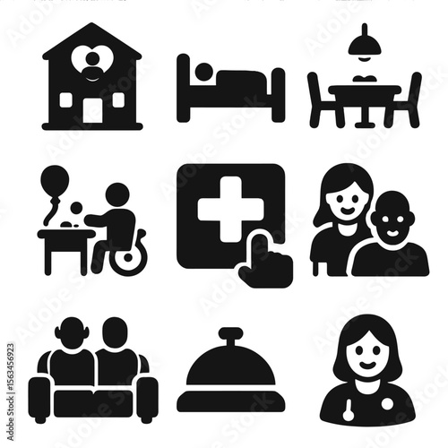 Assisted Living Icons. Solid vector icons of assisted living facilities: care home building, senior room bed, dining hall icon,
