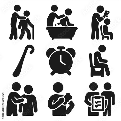 Daily Assistance Icons. Solid vector icons of daily living assistance: dressing support, bathing help, grooming assistance,
