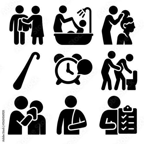 Daily Assistance Icons. Solid vector icons of daily living assistance: dressing support, bathing help, grooming assistance,