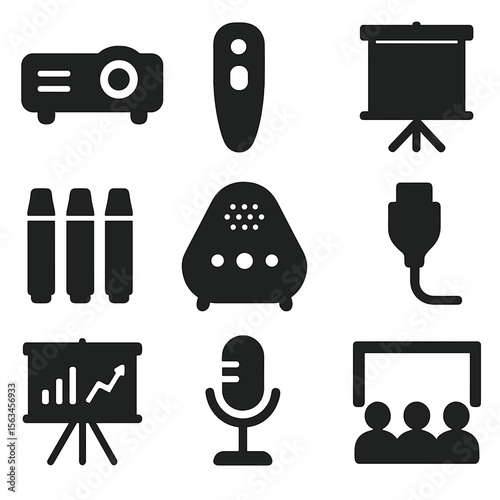 Meeting Tools Icons. Solid vector icons of meeting and presentation tools: projector, presentation remote, flip chart, marker set,