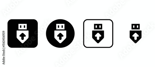 Upload icon collection: USB drive with upward arrow in square, circle, minimal styles