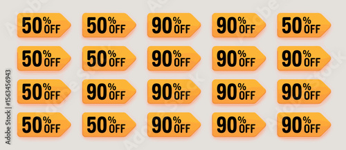 Yellow 50 and 90 Percent Off Sale Discount Arrow Tag Labels