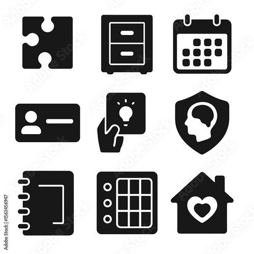 Memory Care Essentials. Solid vector icons of cognitive support and memory care: memory puzzle icon, labeled cabinet, calendar on