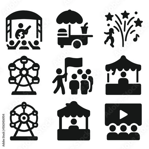 Summer Festival Icons. Solid vector icons of summer festivals and events: outdoor concert, street food fest, fireworks display,