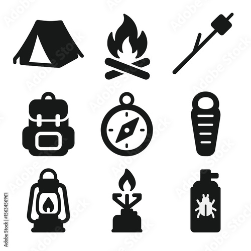 Camping Adventure Icons. Solid vector icons of camping and adventure: pitched tent, campfire, marshmallow on stick, backpack,