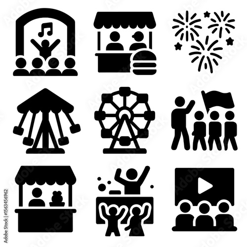 Summer Festival Icons. Solid vector icons of summer festivals and events: outdoor concert, street food fest, fireworks display,