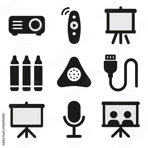 Meeting Tools Icons. Solid vector icons of meeting and presentation tools: projector, presentation remote, flip chart, marker set,