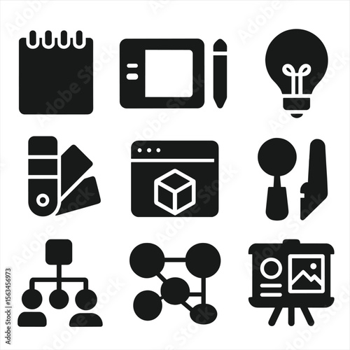 Creative Office Tools. Solid vector icons of creative office tools: sketch pad, design tablet, color swatch book, idea bulb icon,