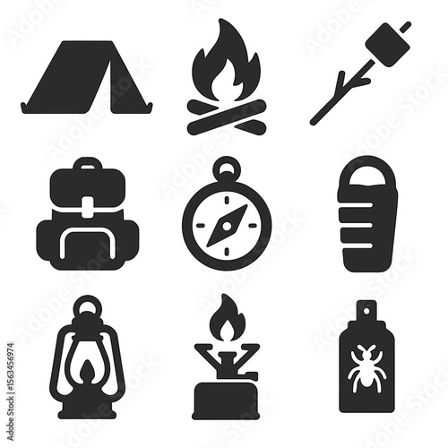 Camping Adventure Icons. Solid vector icons of camping and adventure: pitched tent, campfire, marshmallow on stick, backpack,