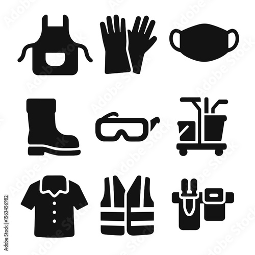 Housekeeping Uniform Icons. Solid vector icons of housekeeping uniforms and protection: apron, rubber gloves, face mask, cleaning