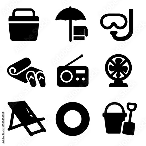 Beach Essentials Icons. Solid vector icons of beach gear and supplies: beach cooler, umbrella with towel, snorkel set, flip-flops