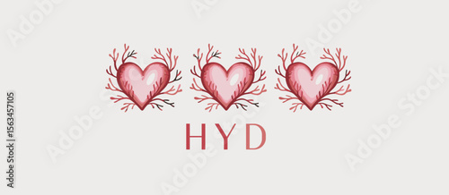 Three pink hearts, watercolor painting, love, romantic, coral, floral, valentine's day, greeting, message, Hyd