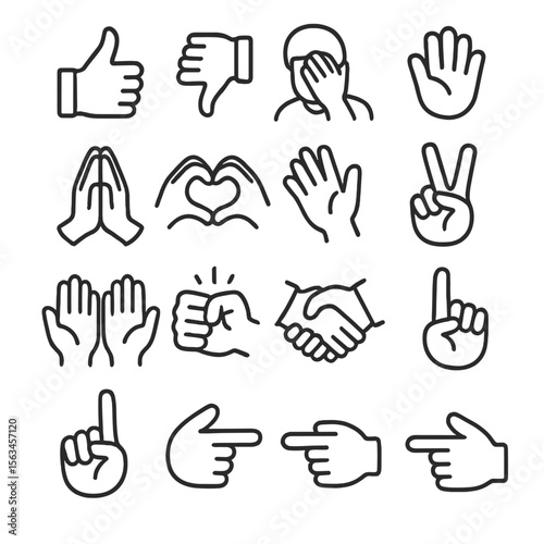 Hand Gesture Icons. Line style icons of hand gestures for emotion: thumbs up, thumbs down, facepalm, clapping hands, praying hands