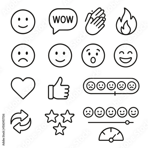 Line Style Reaction Icons. Line style icons of reaction icons: reaction emoji, wow bubble, clap icon, fire icon, sad icon, happy