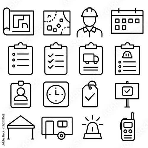 Site Logistics Icons. Line style icons of site logistics tools: blueprint, site map, site supervisor, schedule board, materials