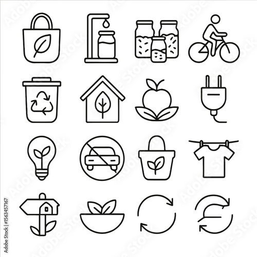 Eco Lifestyle Icons. Line style icons of eco lifestyle: reusable bag, refill station, bulk food, bike to work, zero waste bin, eco