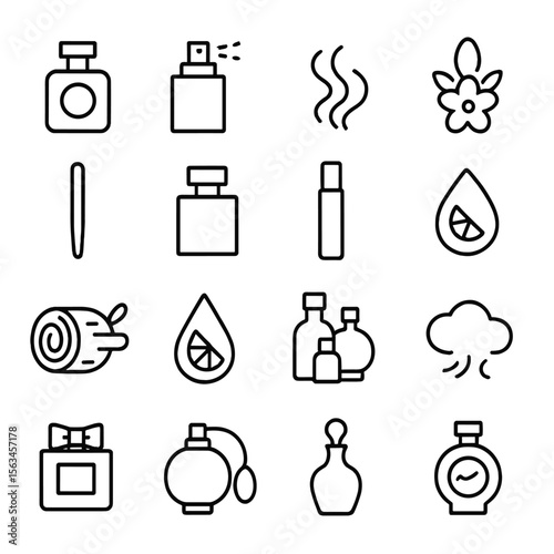 Perfume Icon Set. Line style icons of perfumes and scents: perfume bottle, spray nozzle, aroma swirl, fragrance box, tester stick,