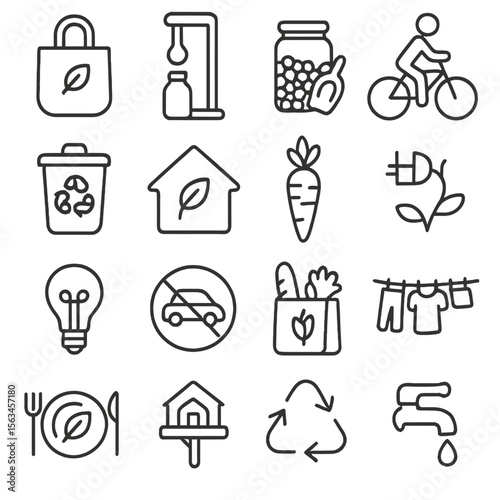 Eco Lifestyle Icons. Line style icons of eco lifestyle: reusable bag, refill station, bulk food, bike to work, zero waste bin, eco