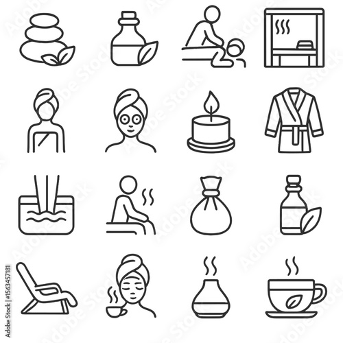 Spa Relaxation Icons. Line style icons of spa and relaxation: spa stones, aromatherapy bottle, massage icon, sauna, towel wrap,