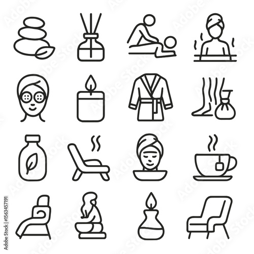 Spa Relaxation Icons. Line style icons of spa and relaxation: spa stones, aromatherapy bottle, massage icon, sauna, towel wrap,