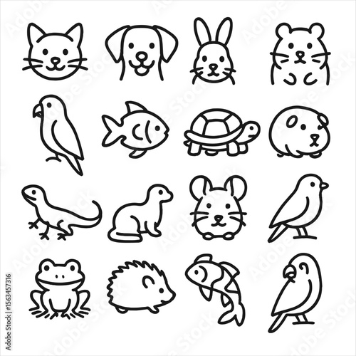 Pet Icons Collection. Line style icons of common pets: cat, dog, rabbit, hamster, parrot, goldfish, turtle, guinea pig, lizard,