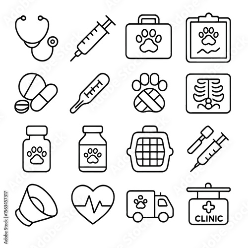 Pet Health Icons. Line style icons of pet health and wellness: vet stethoscope, syringe, pet first aid, health chart, pills icon,